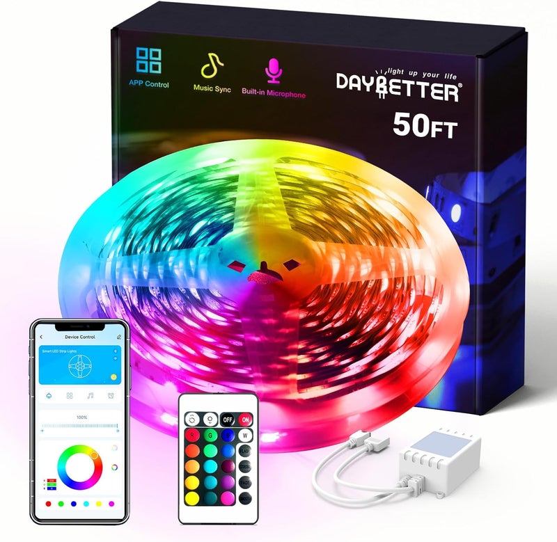 DAYBETTER Smart RGB Led Strip Lights, 50ft Led Lights for Bedroom with App Control, Multicolor Changing Led Light Strips Apply for Home Decor, Living Room, Kitchen, Home Party Decoration - Image 1